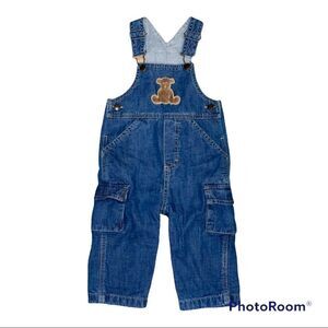 𝅺heartstrings Size 12 M Denim Overalls with Appliquéd Fleece Bear on Bib.